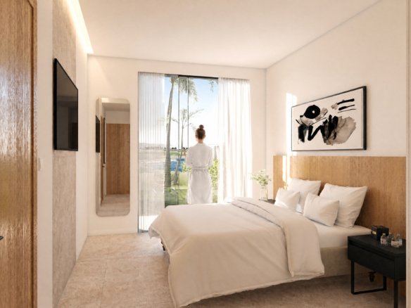 Moderne slaapkamer met uitzicht op buiten en een bed met witte beddengoed.