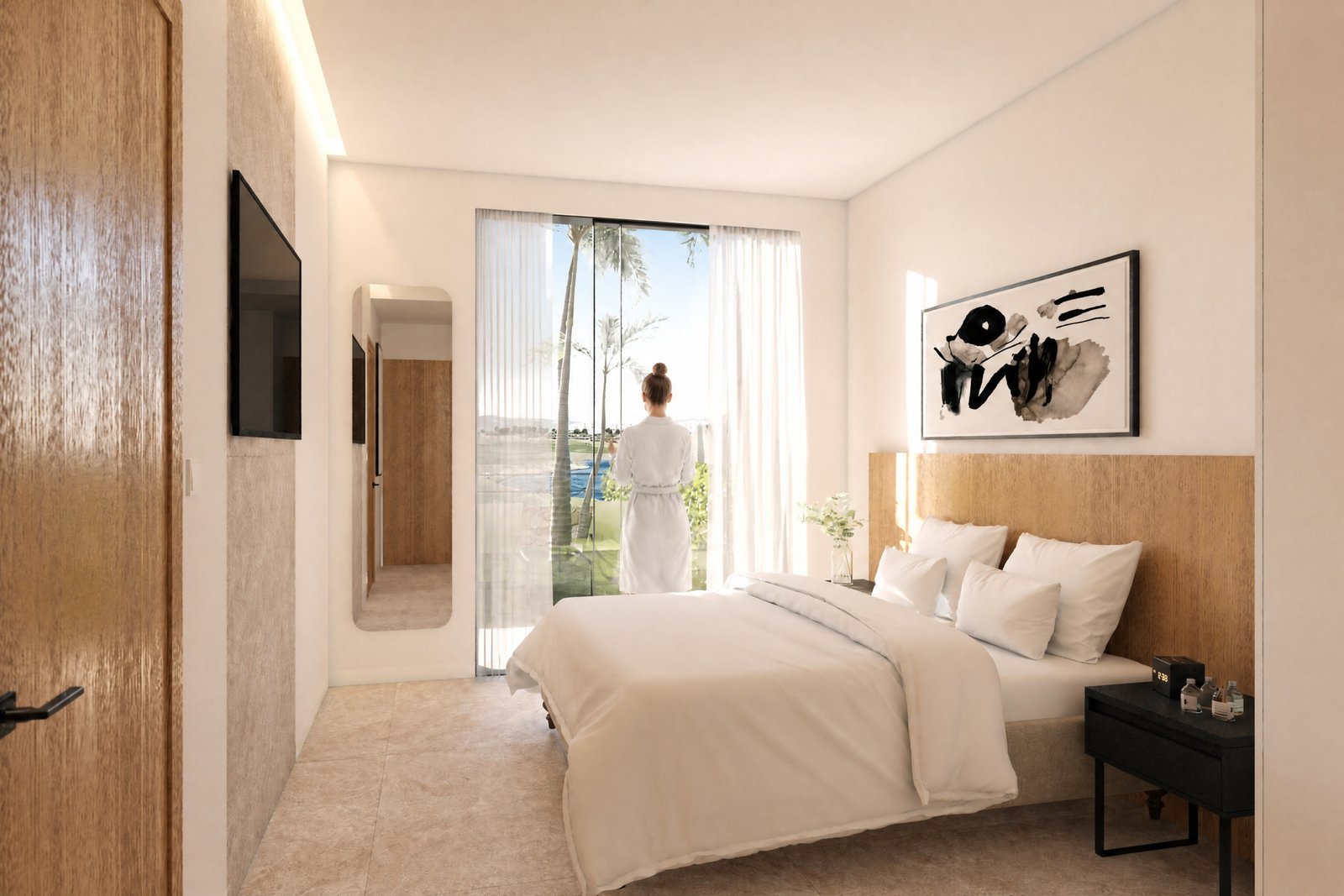 Moderne slaapkamer met uitzicht op buiten en een bed met witte beddengoed.
