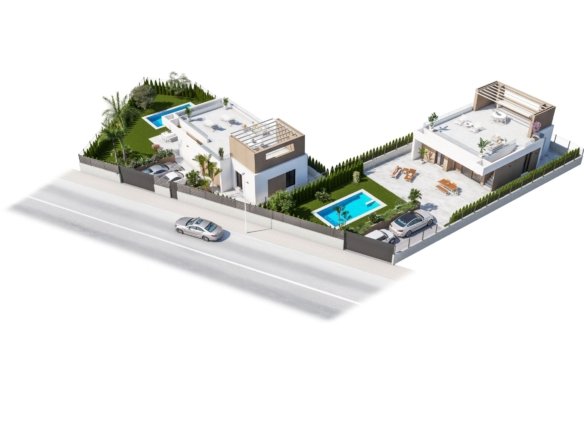 Luchtperspectief van twee moderne woningen met tuinen, zwembaden en geparkeerde auto’s.