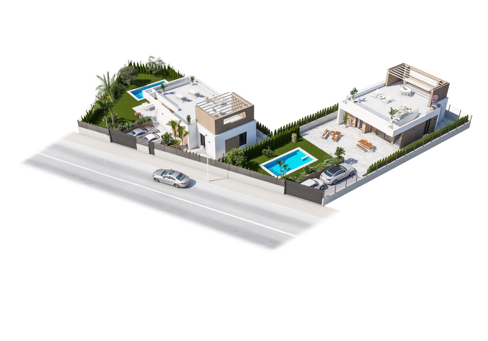 Luchtperspectief van twee moderne woningen met tuinen, zwembaden en geparkeerde auto’s.