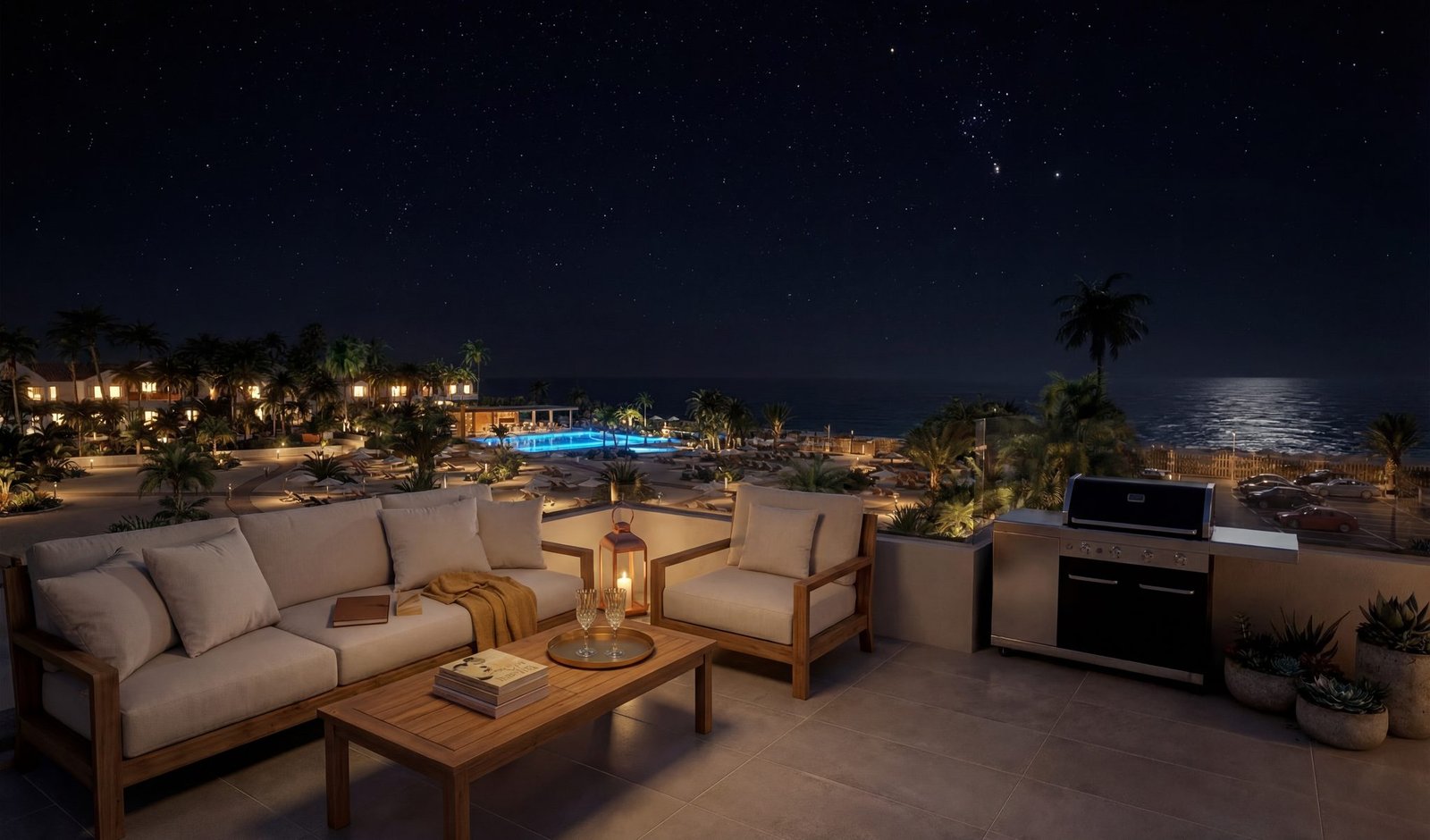 Terras met zithoek en buitenkeuken, met op de achtergrond een verlicht zwembad en de zee bij nacht.