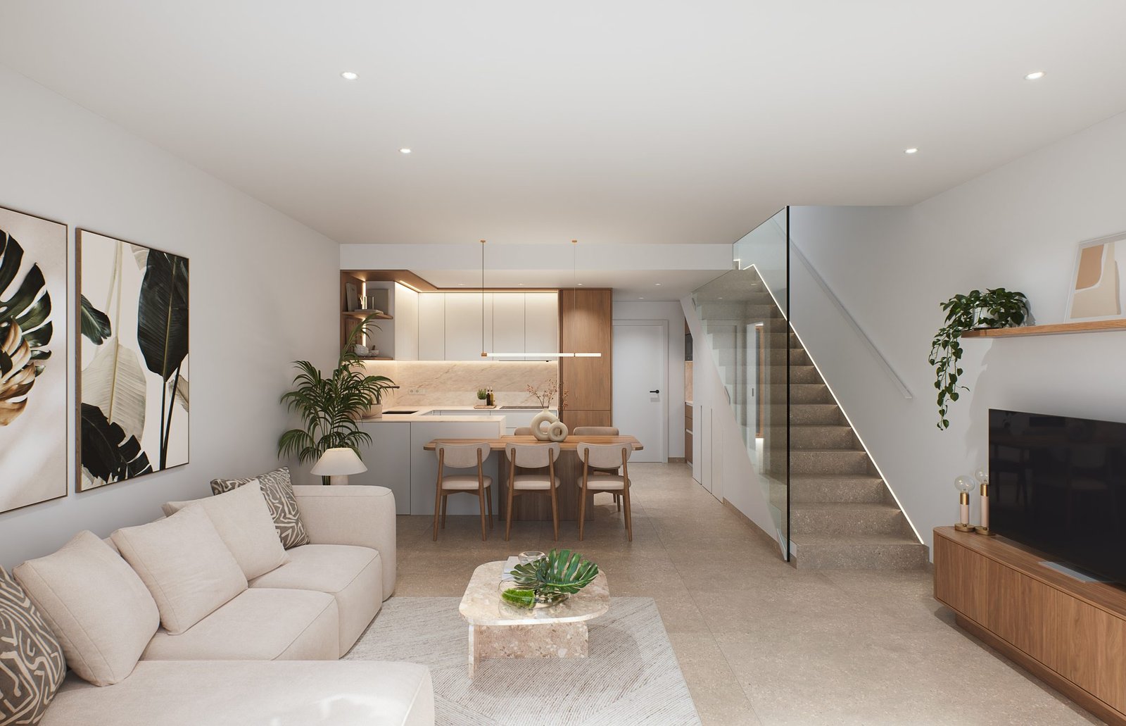 Open woonruimte met lichte zithoek, eettafel, keuken en trap met glazen balustrade.