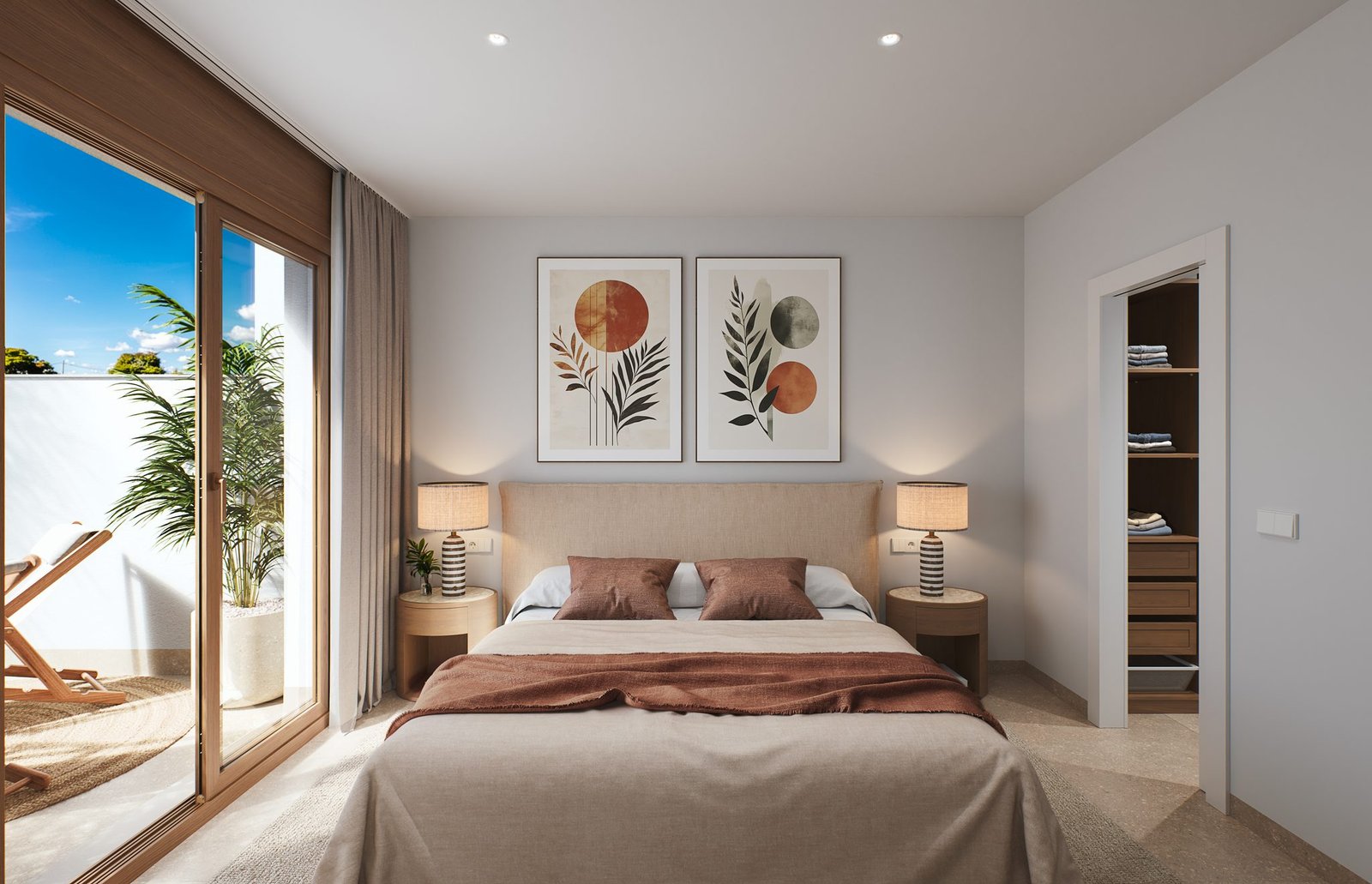 Slaapkamer met tweepersoonsbed, nachtkastjes en openslaande glazen deur naar buiten.