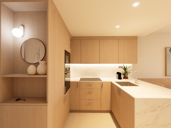 Moderne keuken met houten kasten en marmeren aanrecht.