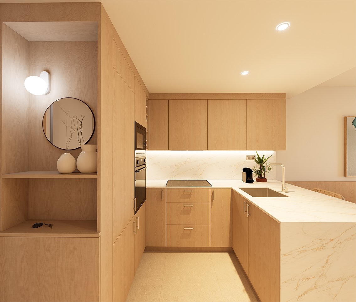 Moderne keuken met houten kasten en marmeren aanrecht.