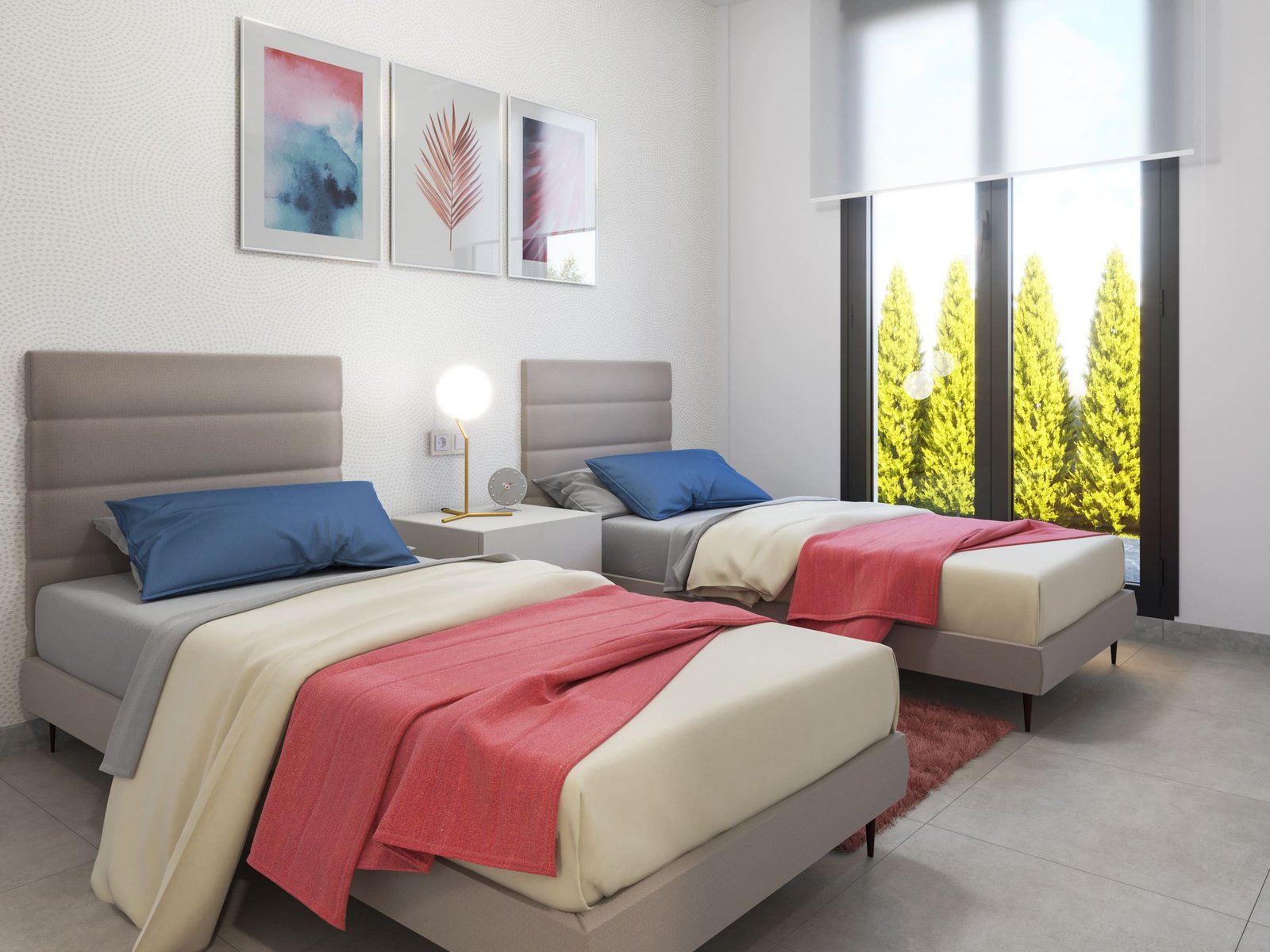 Slaapkamer met twee opgemaakte bedden, nachtkastje en grote ramen.
