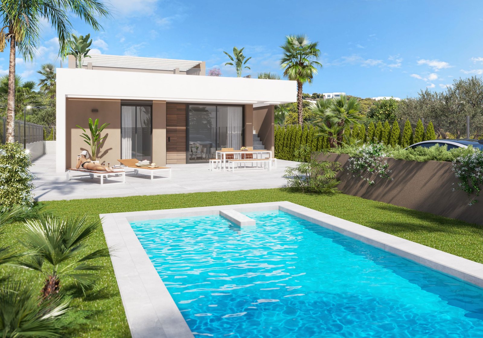 Moderne woning met glazen schuifpuien, terras, tuin en zwembad.