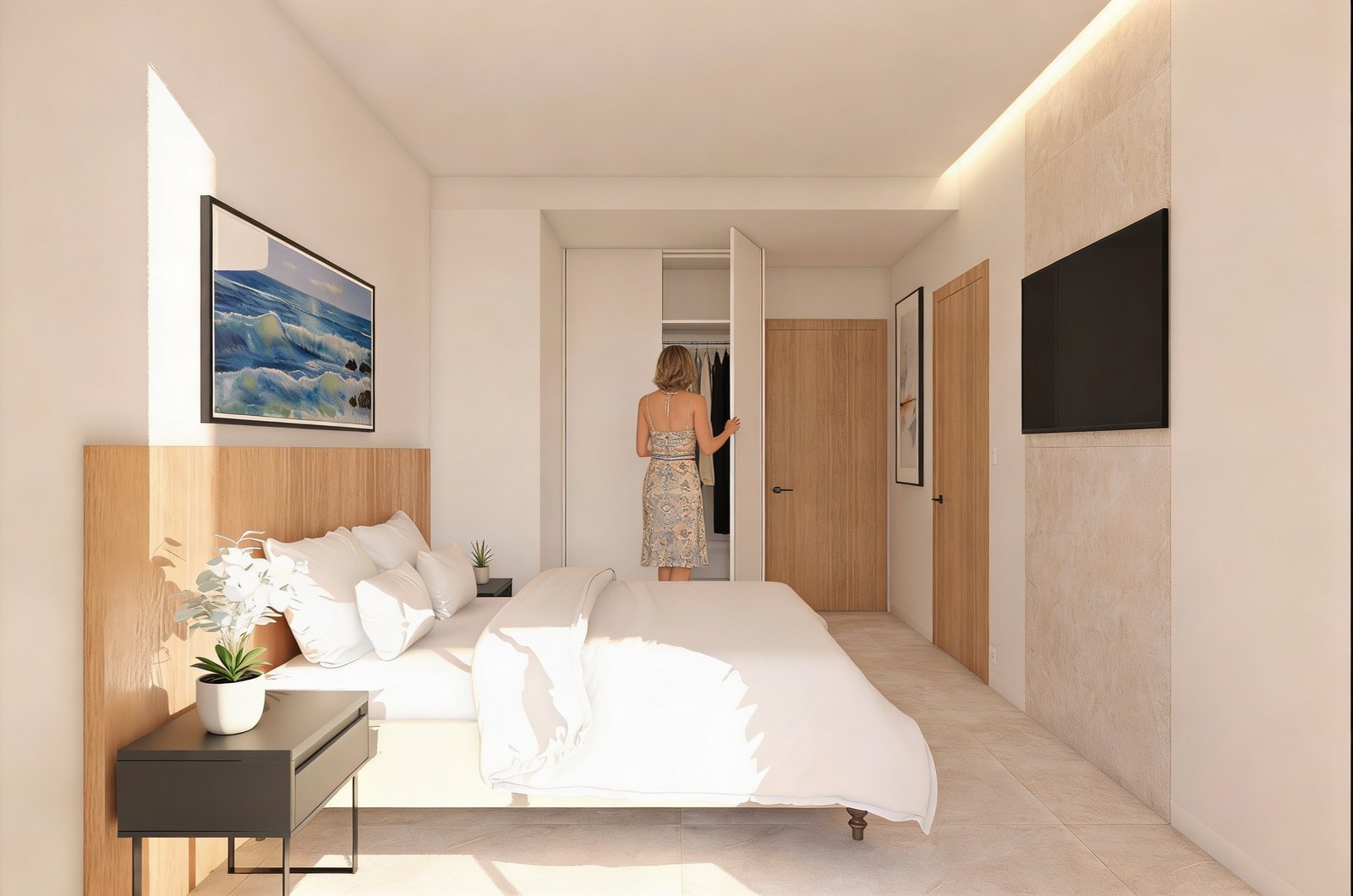 Moderne slaapkamer met een bed, een nachtkastje en een kast met open deuren.