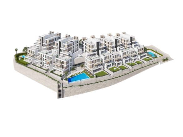 3D-weergave van meerdere woongebouwen met terrassen, groen en zwembaden.