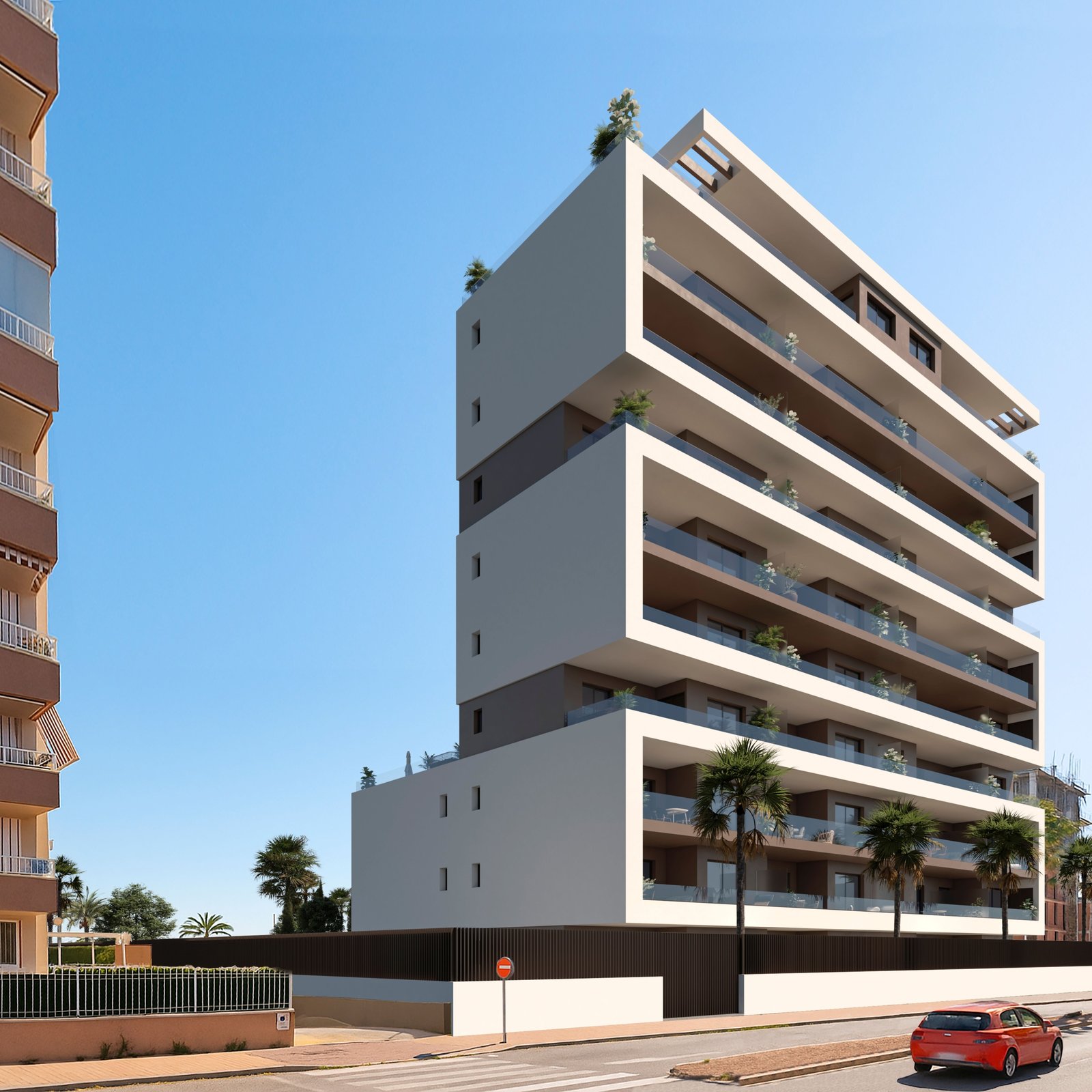 Architecturale visualisatie van een modern appartement in Guardamar del Segura met balkons en beplanting.