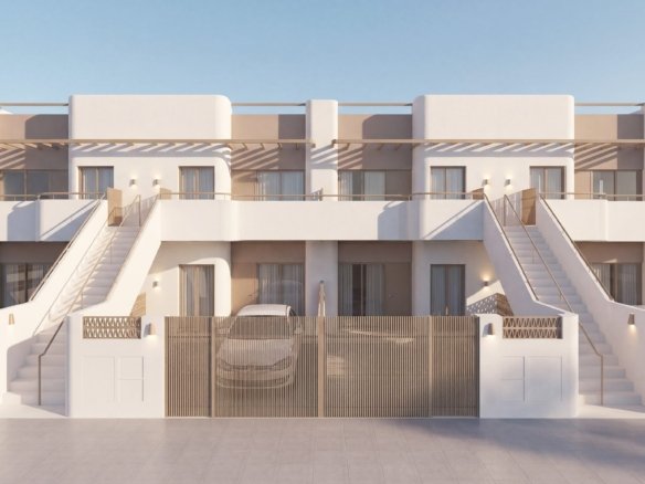 Render van moderne woningen met buitentrappen en terrassen