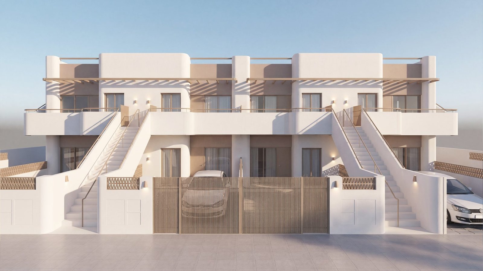Render van moderne woningen met buitentrappen en terrassen