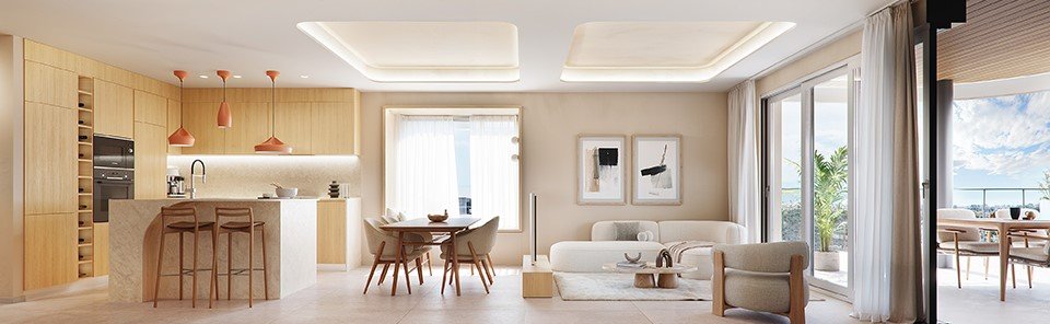Moderne woonkamer en keuken met lichte meubels en een eethoek.