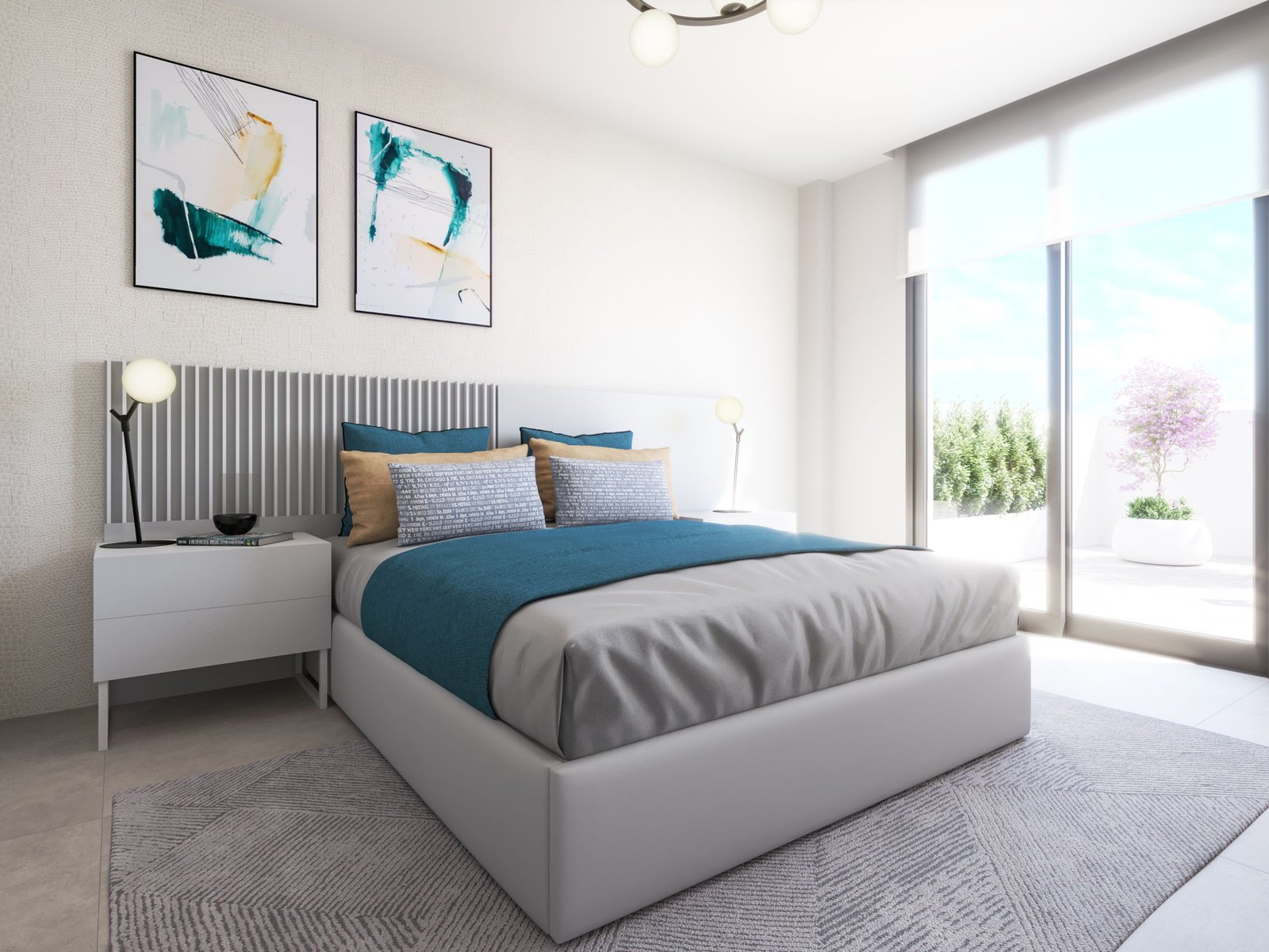 Slaapkamer met een tweepersoonsbed, nachtkastje en grote glazen deuren naar buiten.