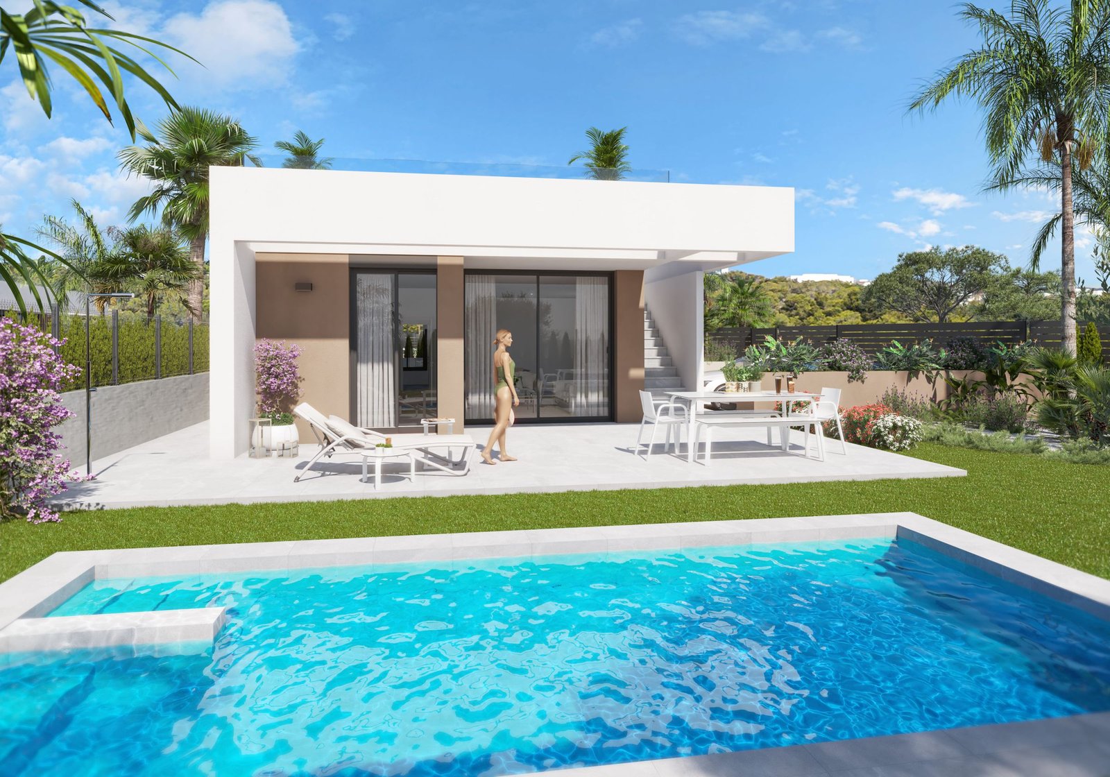Moderne woning met terras, tuin en zwembad op de voorgrond.